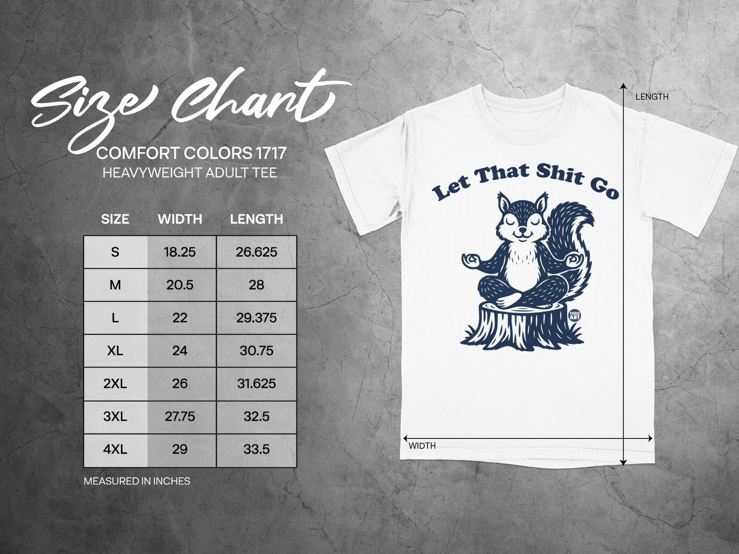 Comfort Colors 1717 heavyweight adult tee size chart with a meditating squirrel.