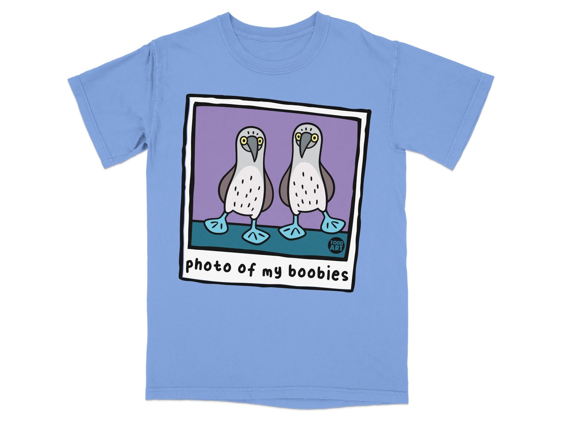 T-shirt with cartoon boobies and "photo of my boobies" text.