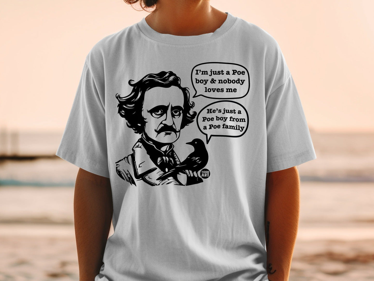T-shirt with Edgar Allan Poe illustration and a raven, with speech bubbles.