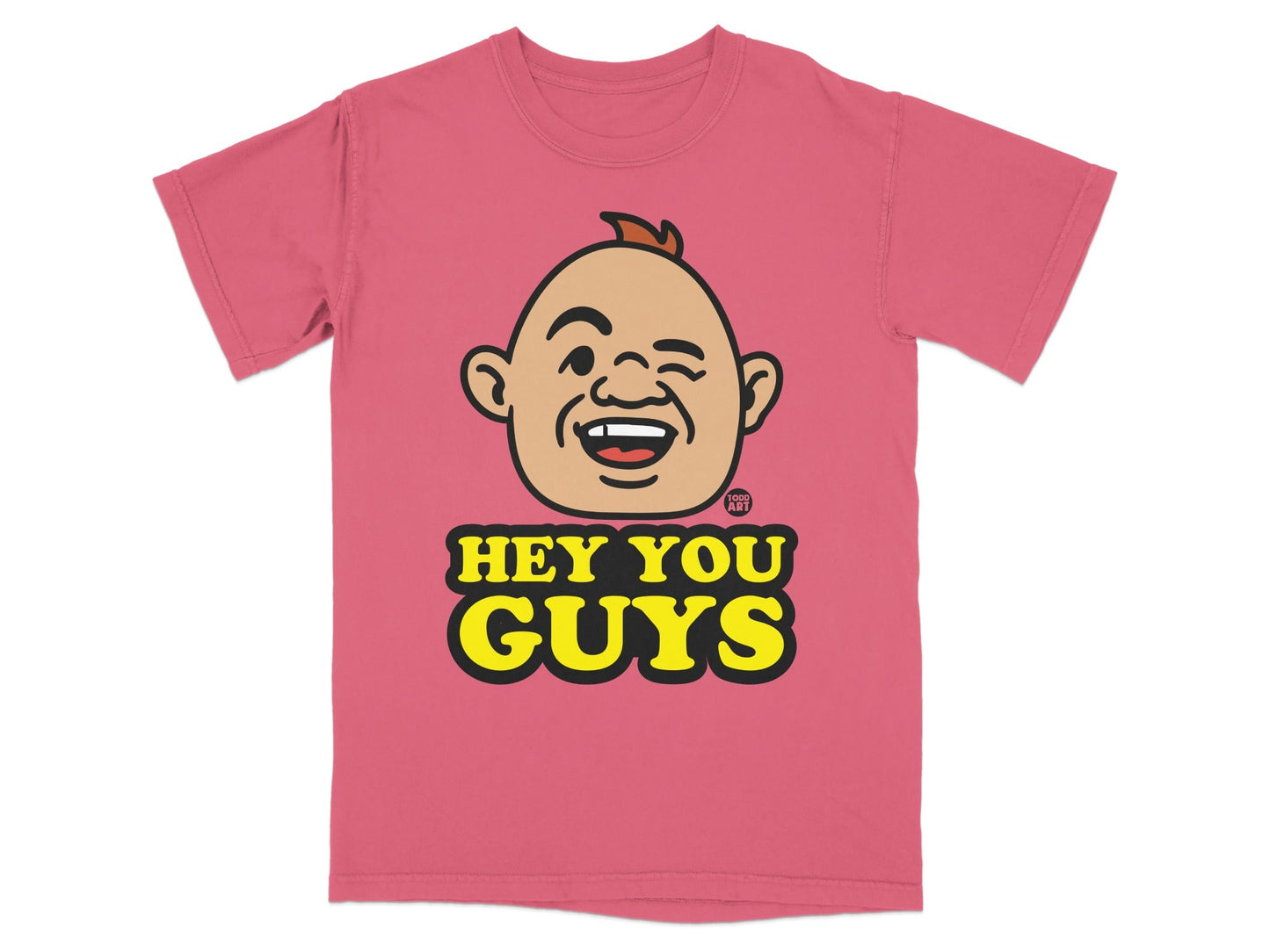 Pink t-shirt with cartoon character winking and text "HEY YOU GUYS".