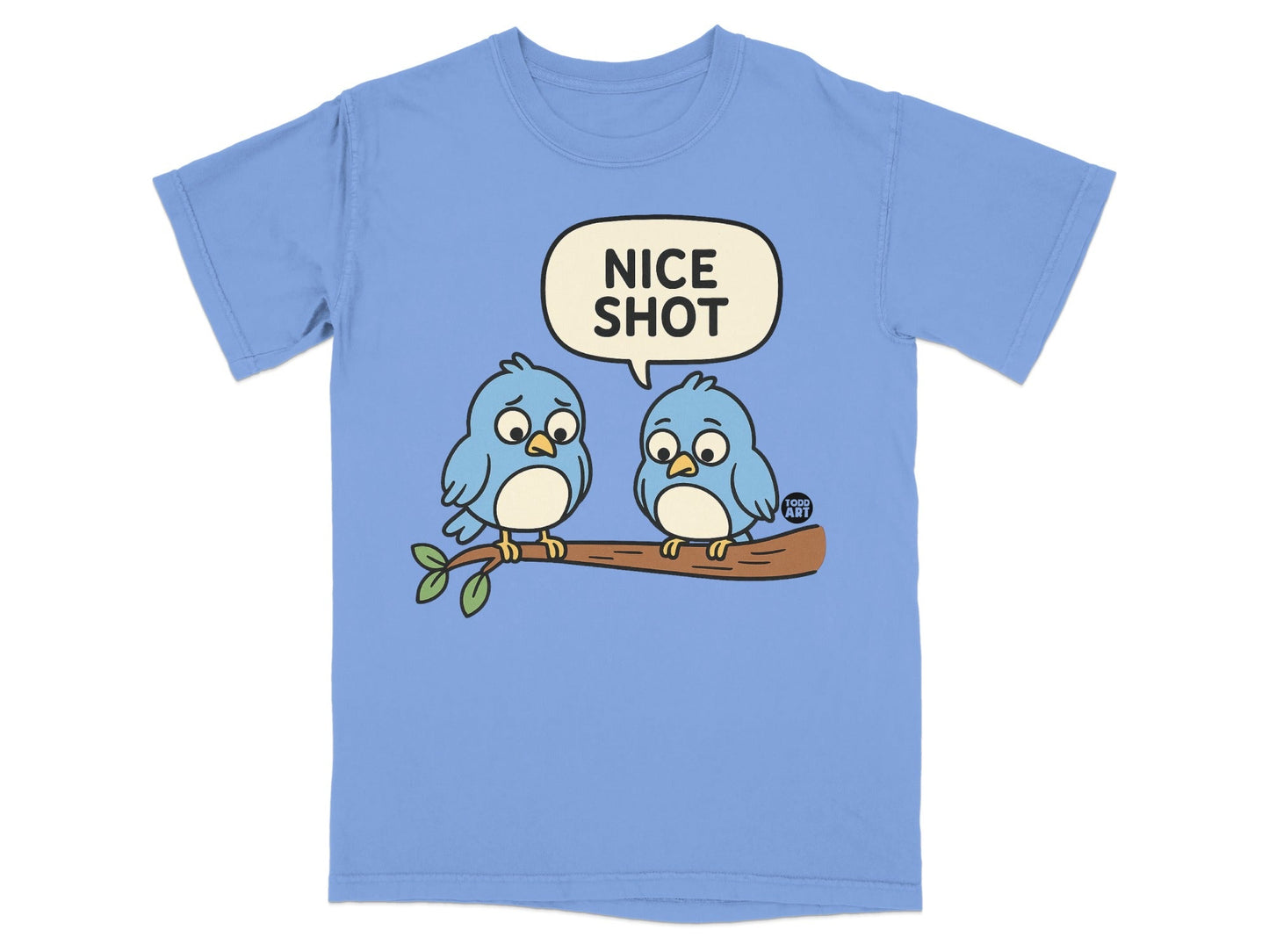 Blue T-Shirt with Nice Shot Bird Cartoon Design