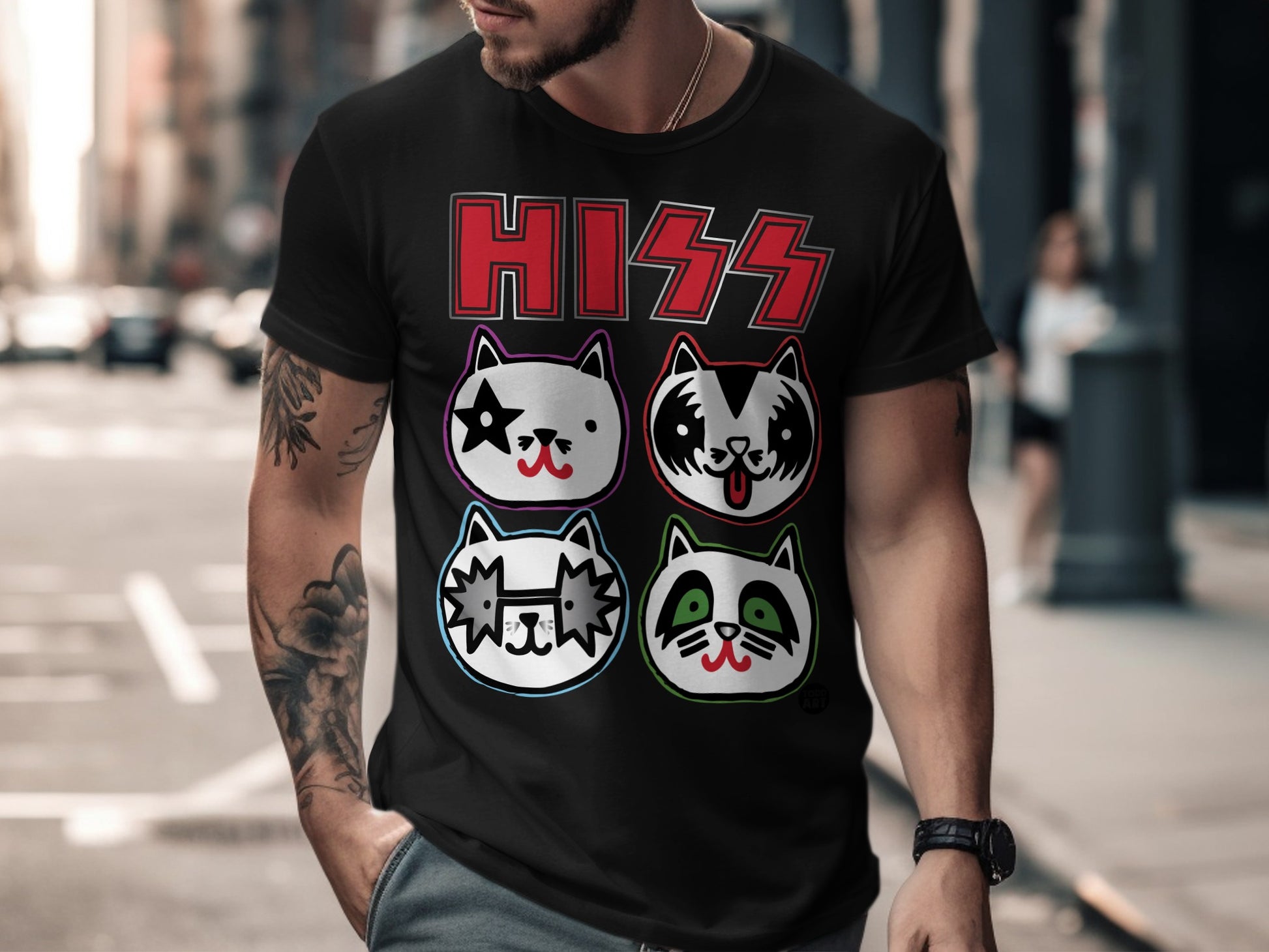 HISS Cat Face Graphic Tee with Colorful Design