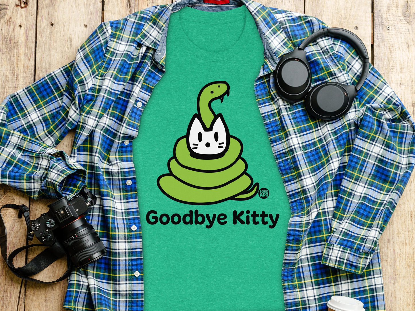 Goodbye Kitty Green Shirt with Snake Design
