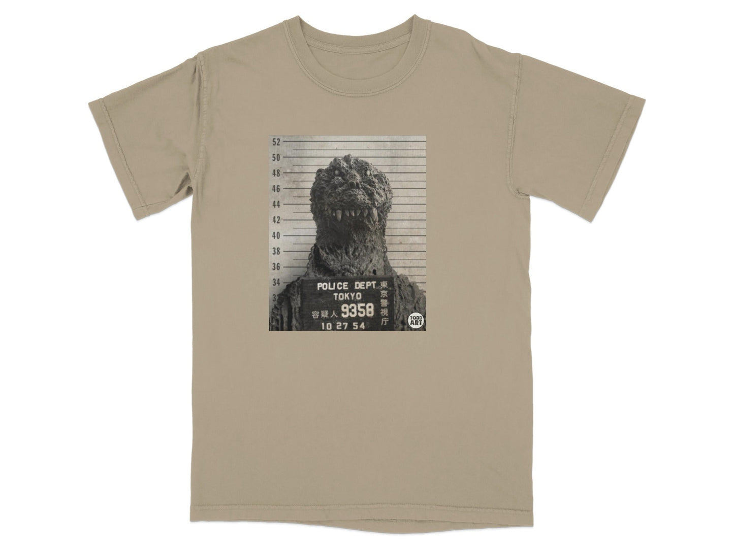 Godzilla mugshot with "POLICE DEPT TOKYO" text.