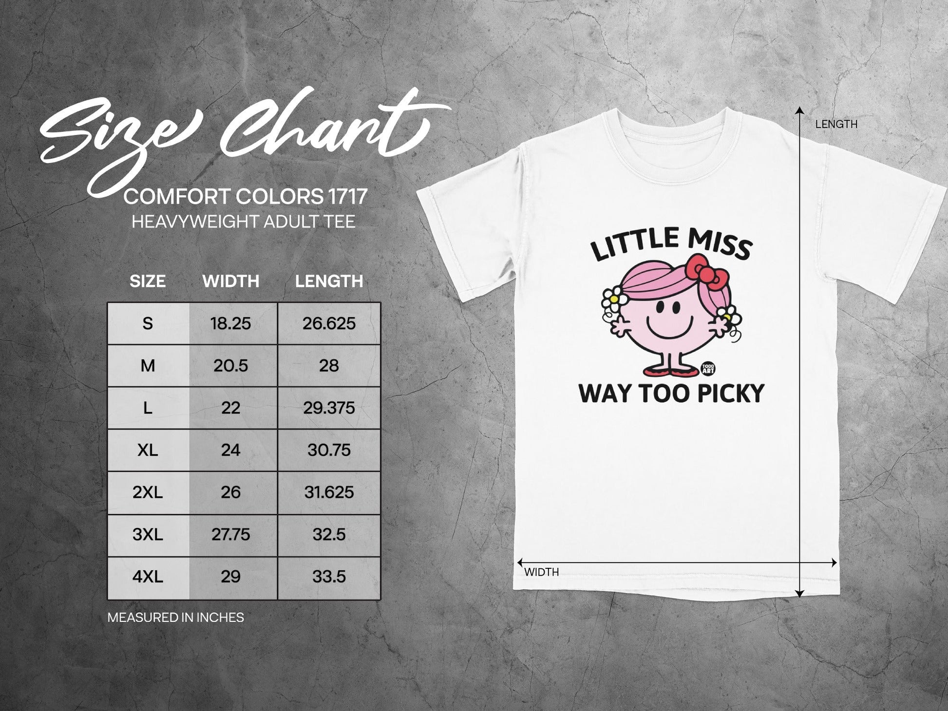Size chart for Comfort Colors 1717 heavyweight adult tee, showing width and length.
