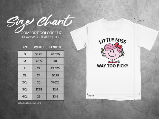 Size chart for Comfort Colors 1717 heavyweight adult tee, showing width and length.