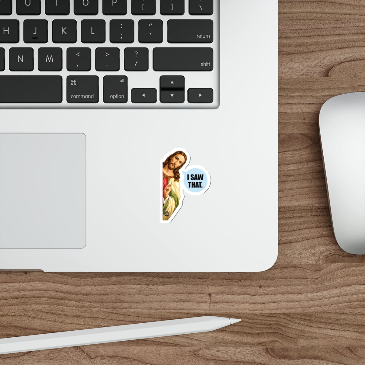 Jesus peeking from behind a laptop with "I SAW THAT." text bubble.