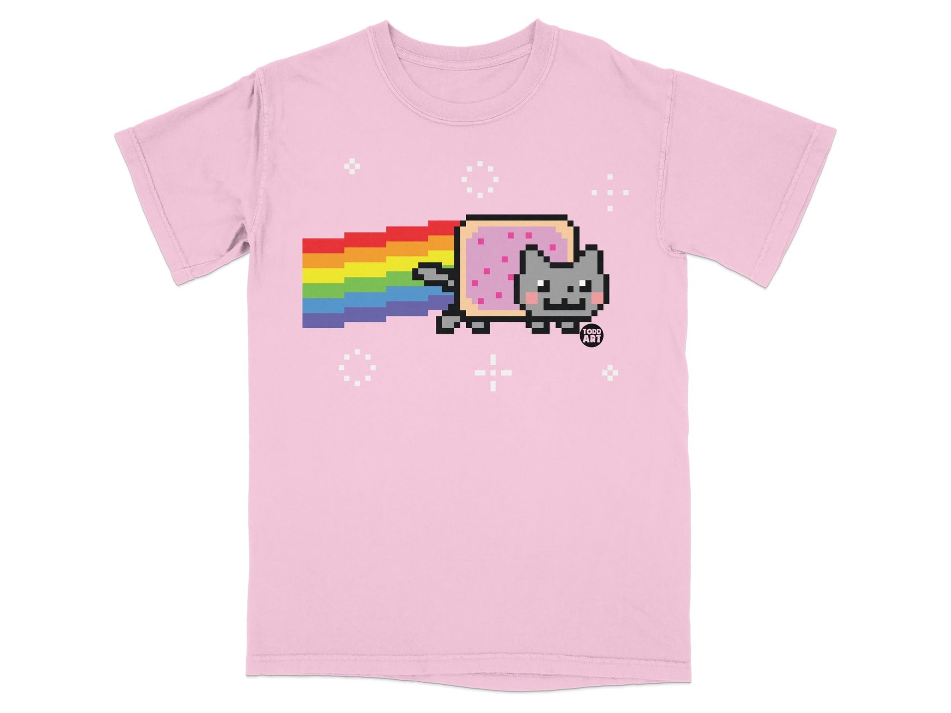 Pink t-shirt with Nyan Cat design and rainbow trail.