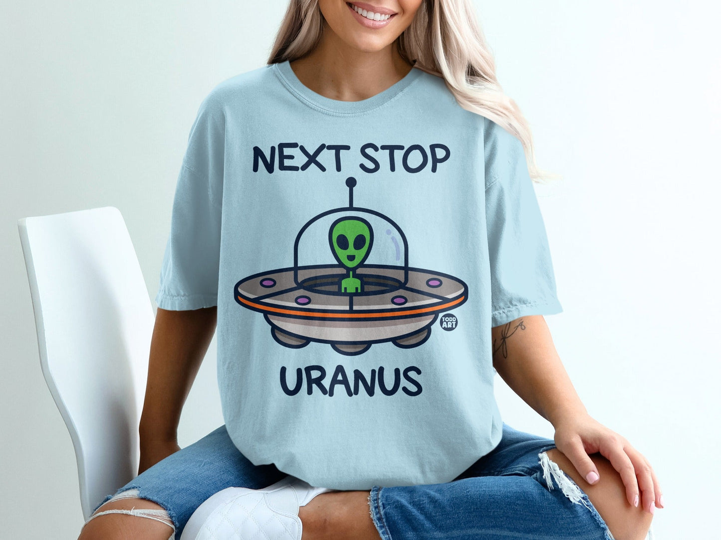 Next Stop Uranus Alien Spaceship Graphic T-Shirt