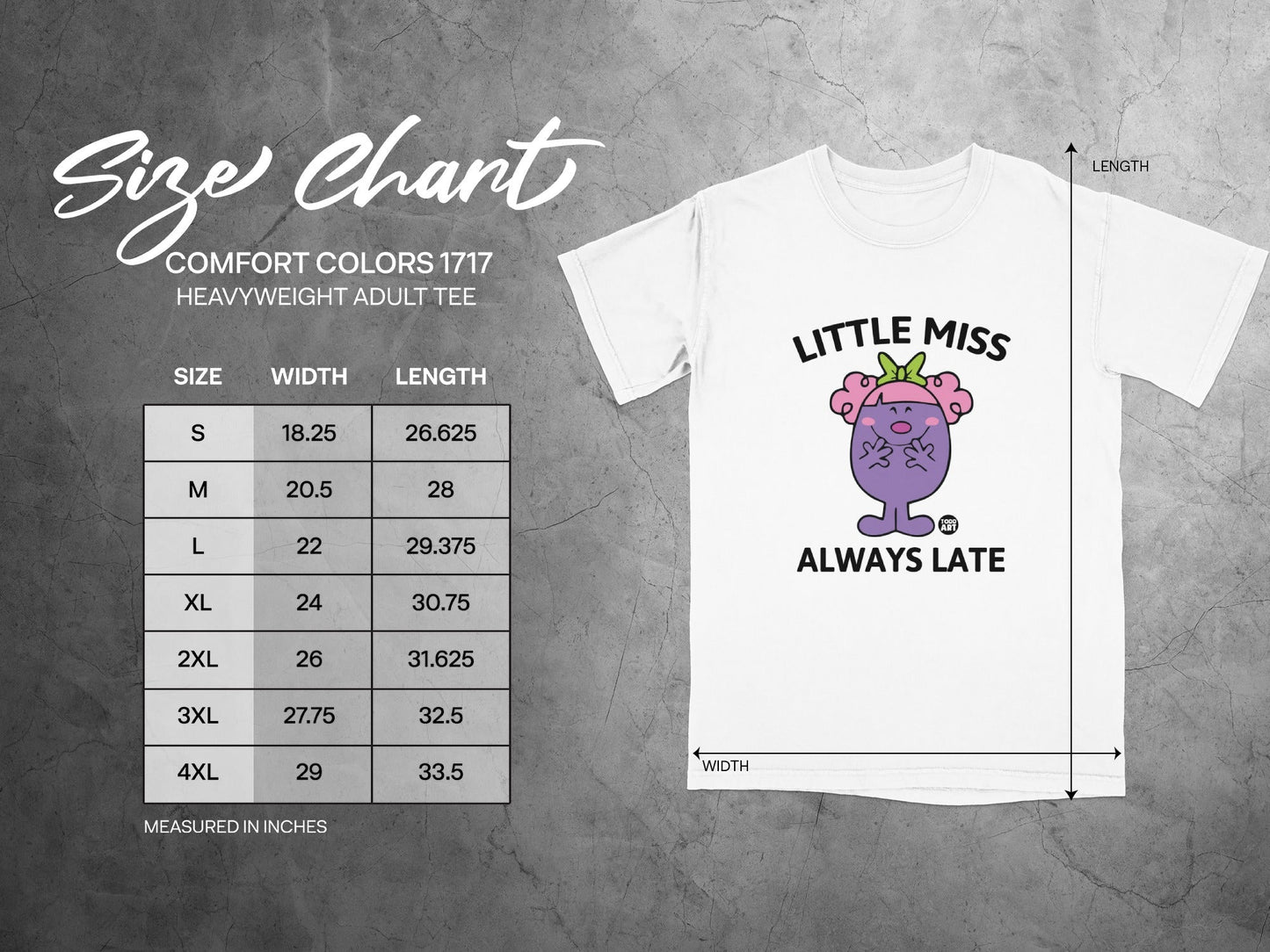 Comfort Colors 1717 heavyweight adult tee size chart with measurements.