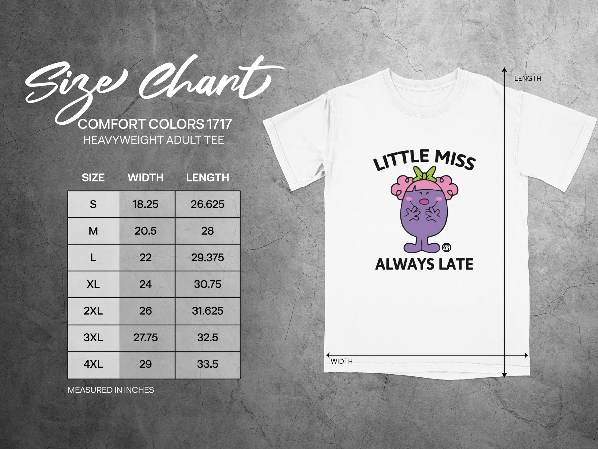 Comfort Colors 1717 heavyweight adult tee size chart with measurements.