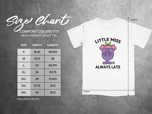 Comfort Colors 1717 heavyweight adult tee size chart with measurements.