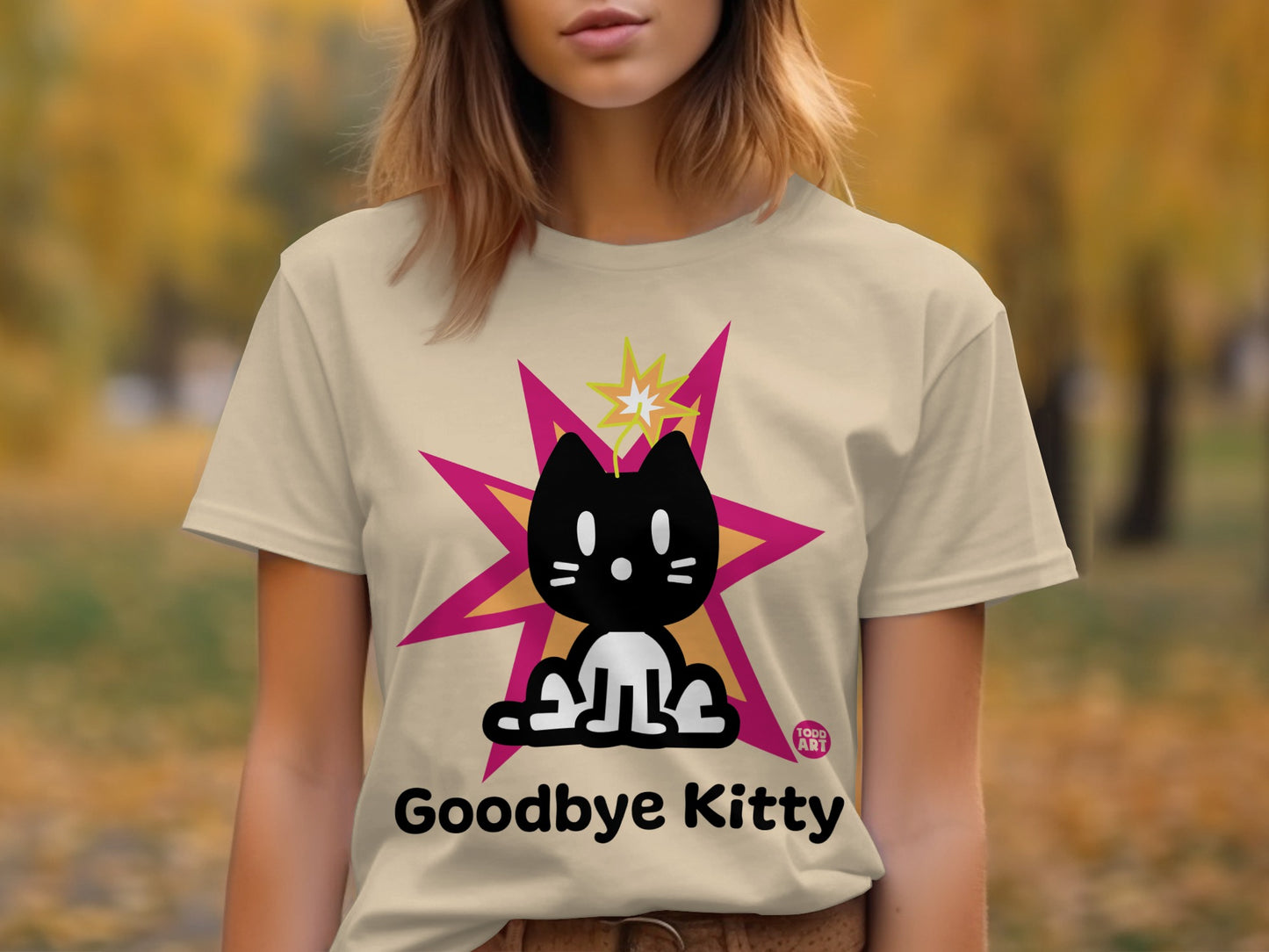 Goodbye Kitty Graphic Tee with Colorful Starburst Design