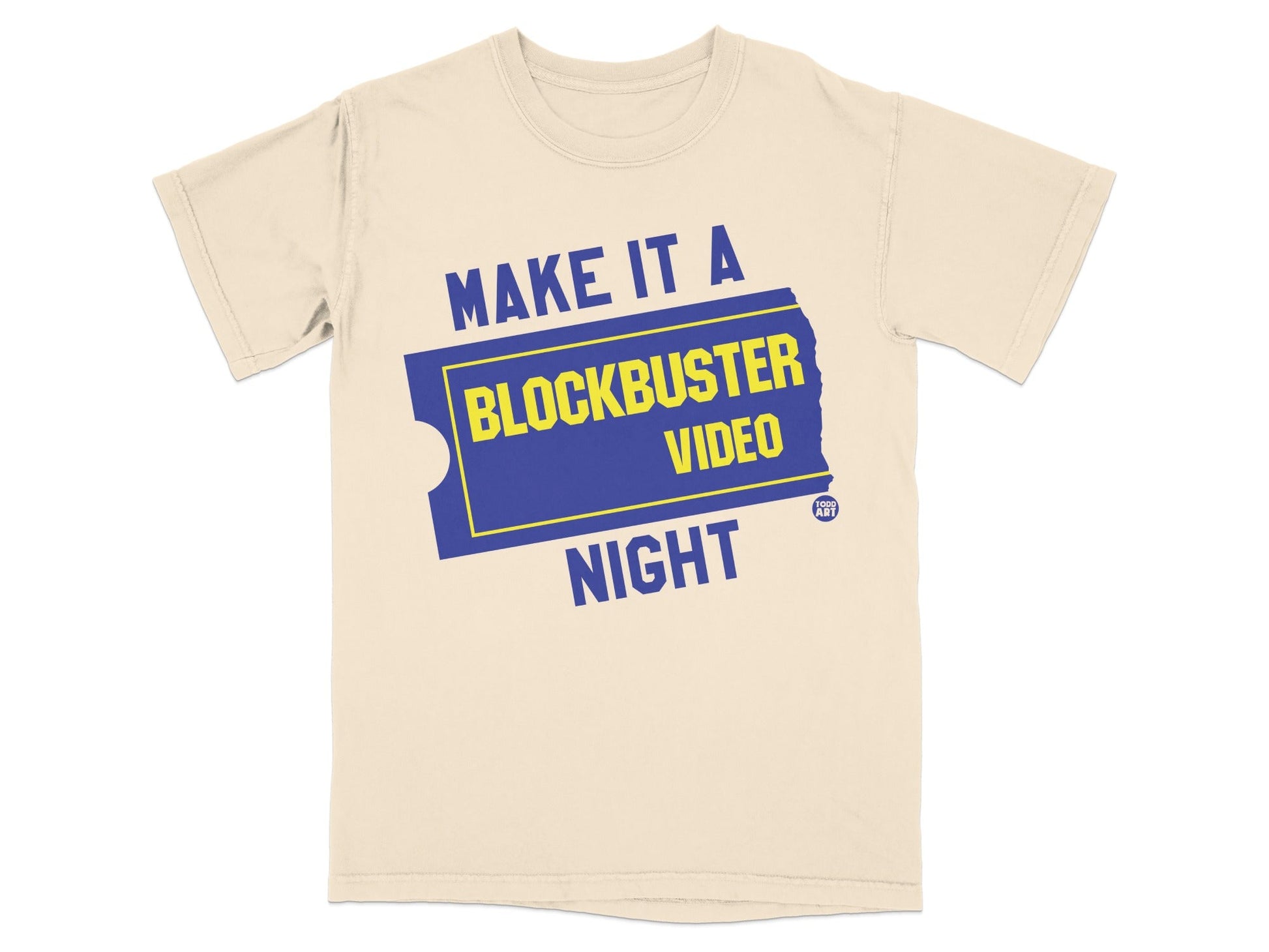 Cream t-shirt with "Make it a Blockbuster Video Night" text and logo.