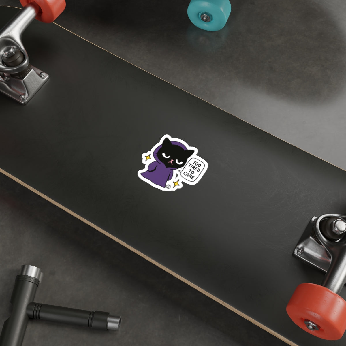 Too Tired to Care Cat Sticker Funny Skateboard Decal