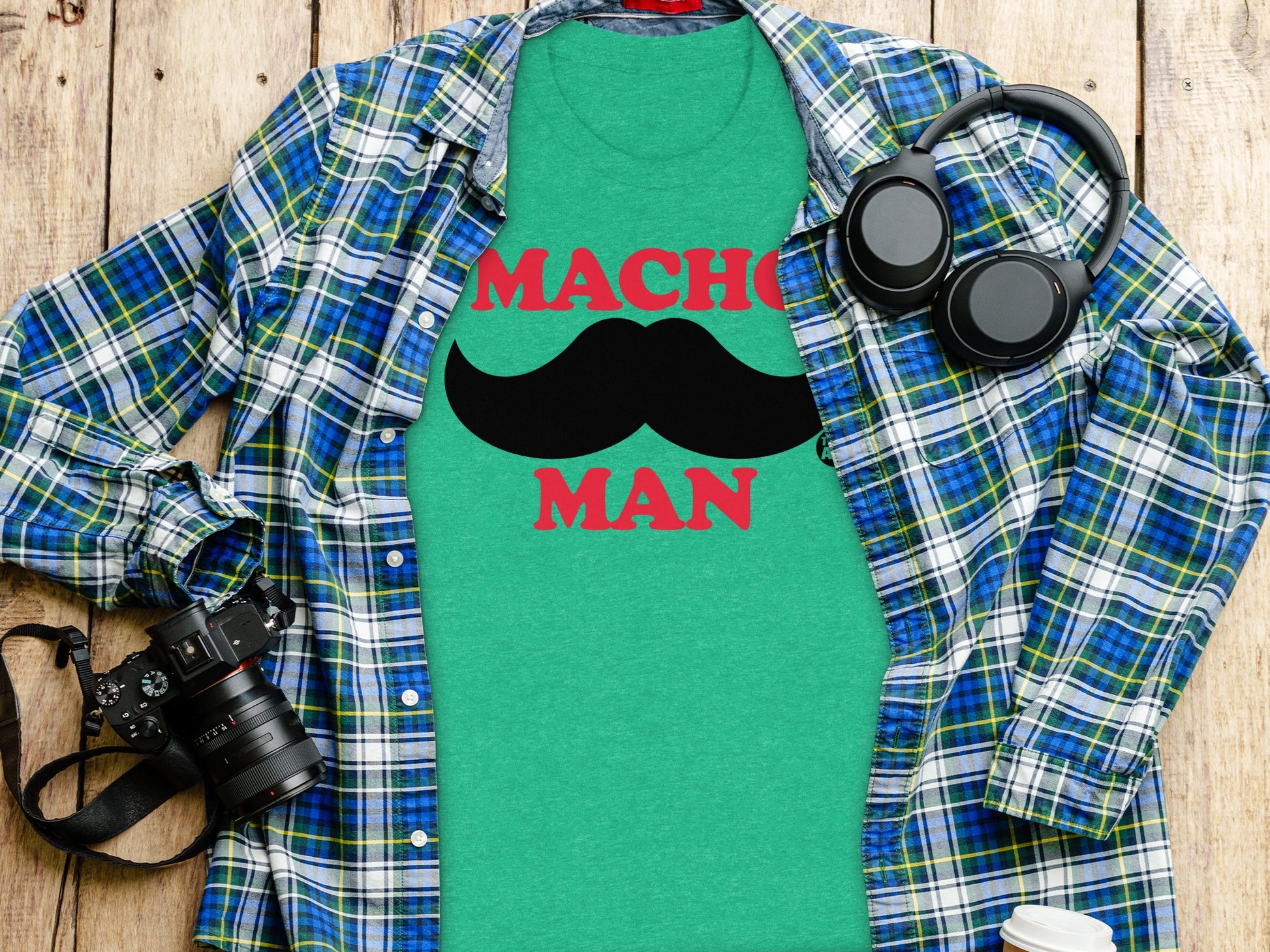Macho Man Mustache Graphic on Green T-Shirt product