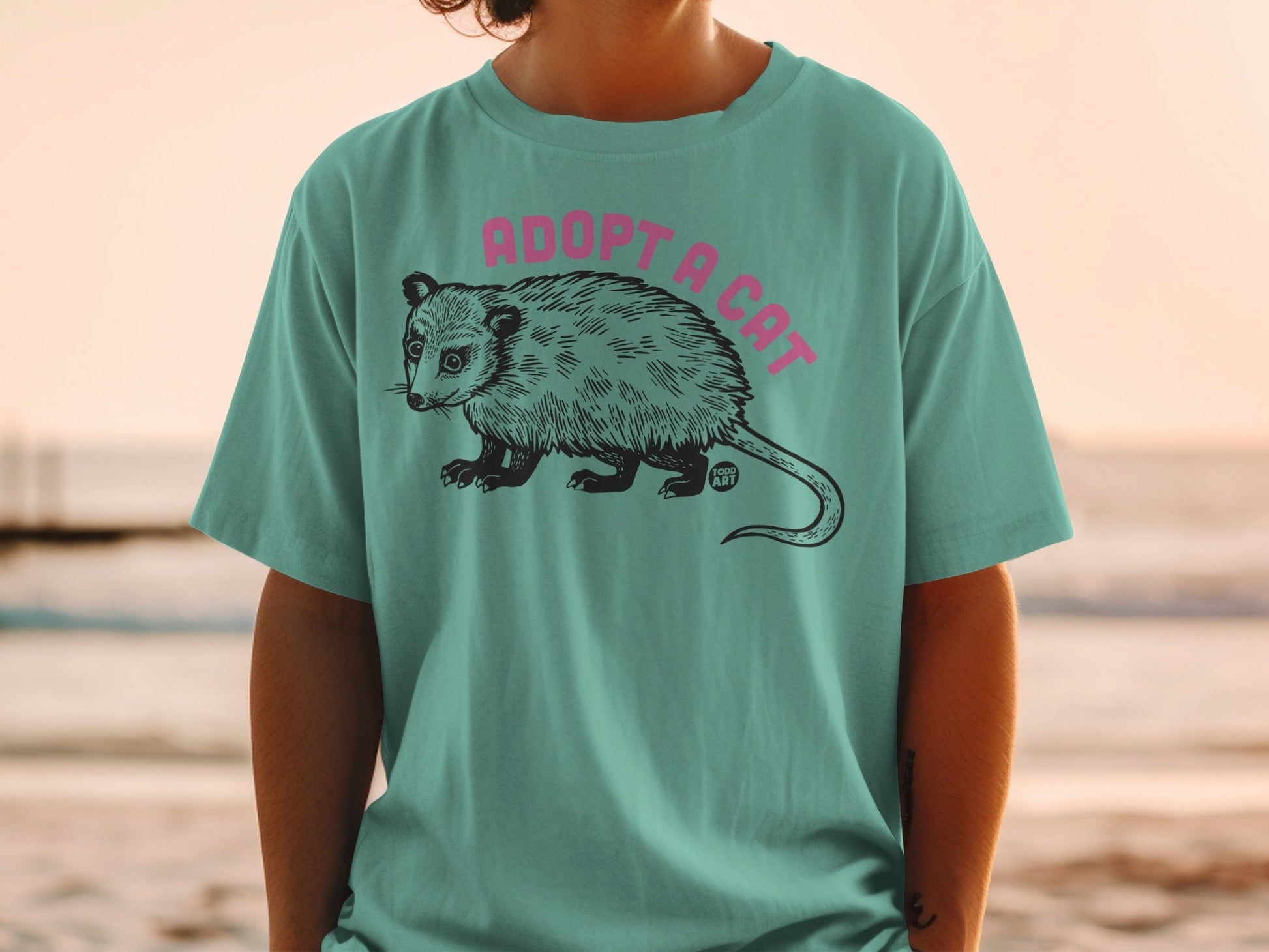T-shirt with "ADOPT A CAT" text and opossum graphic.