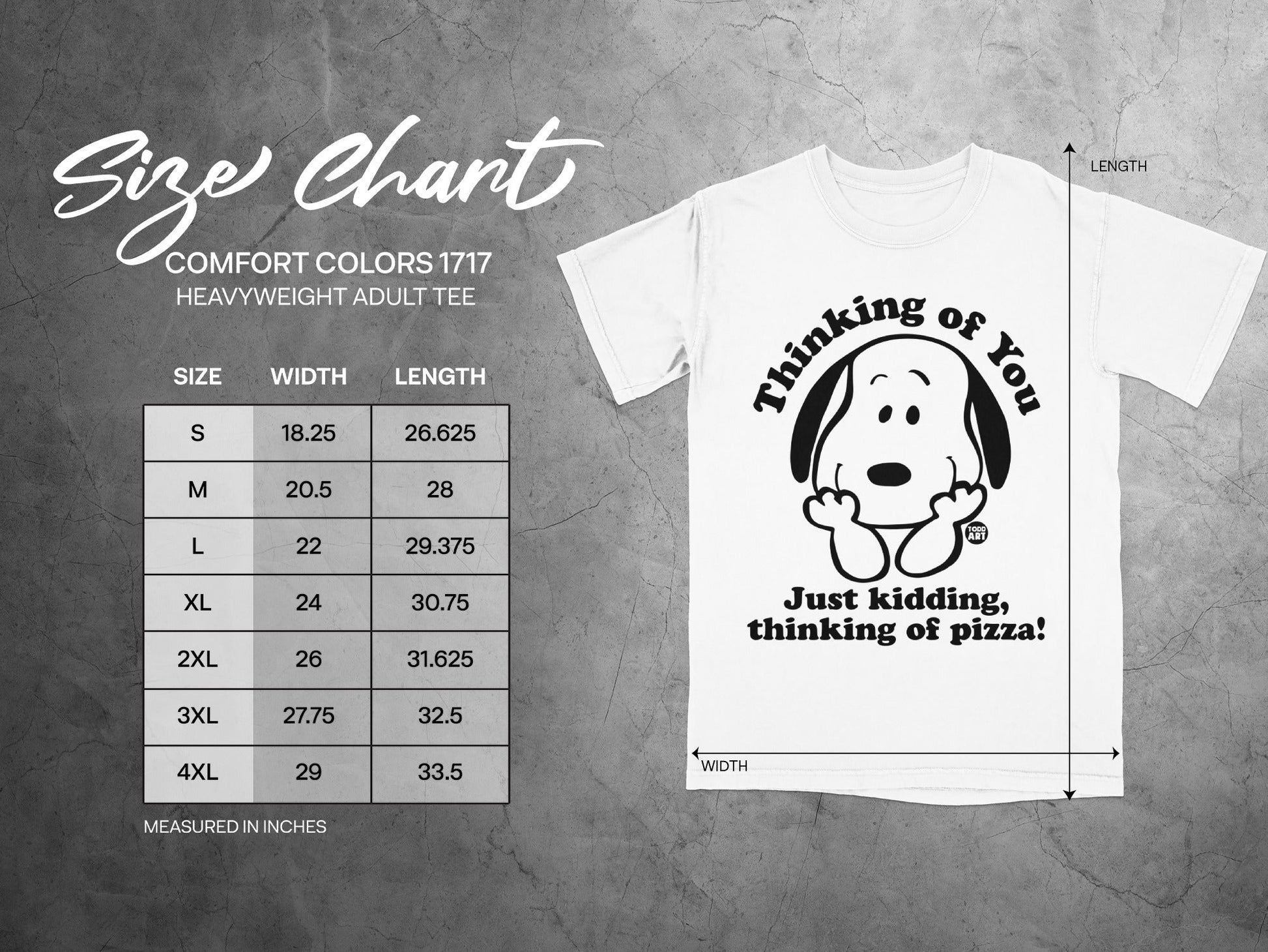 Size chart for Comfort Colors 1717 Heavyweight Adult Tee with graphic.