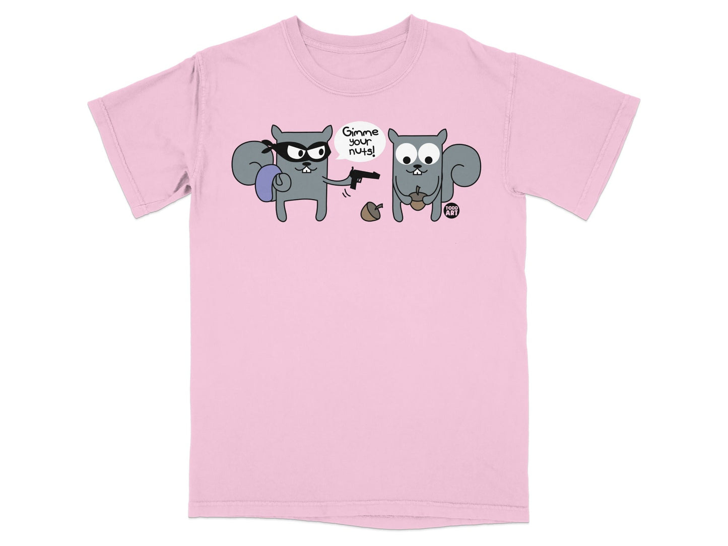 Two squirrels, one with a gun, demand nuts from another on a pink t-shirt.