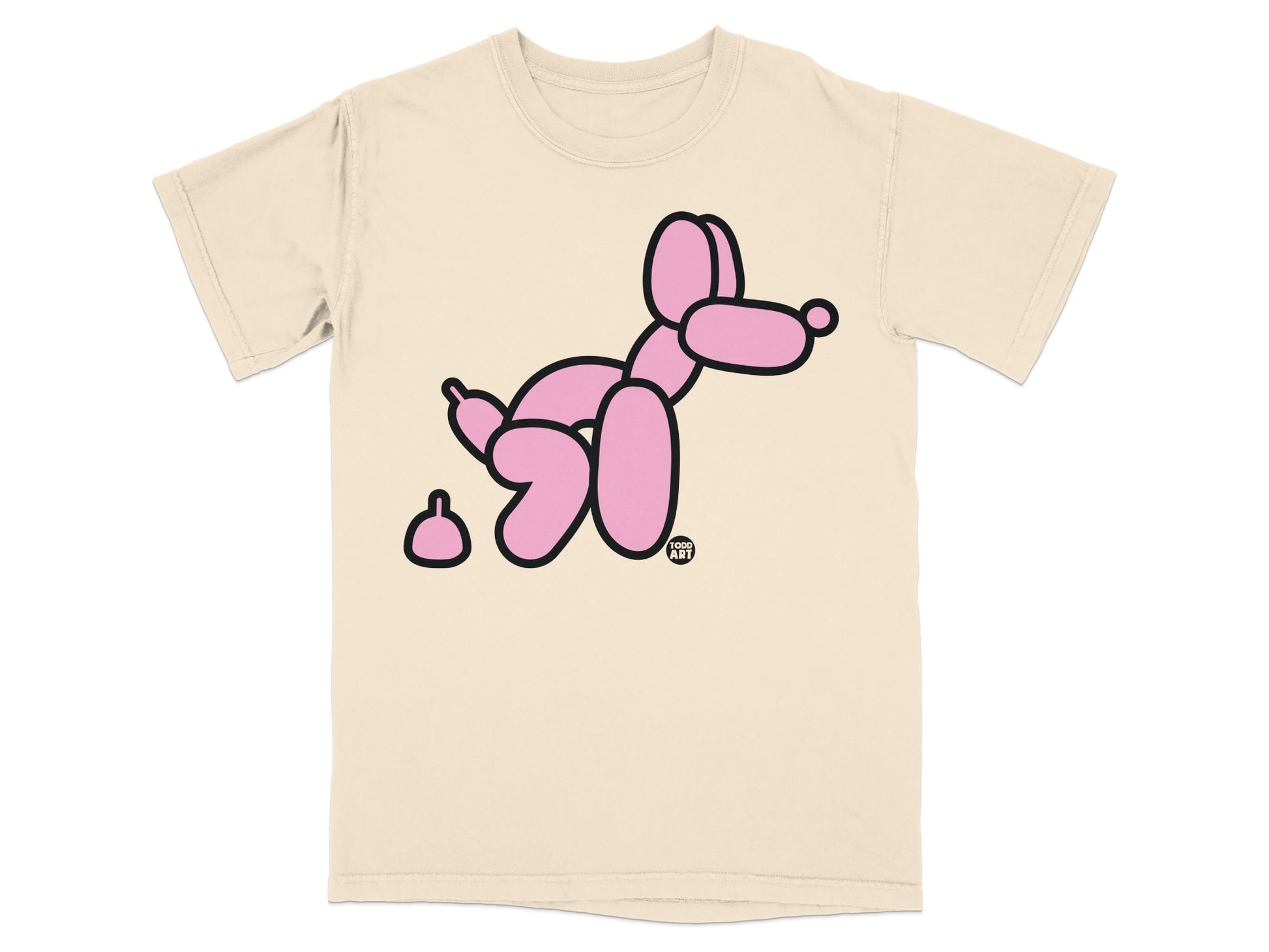 Pink balloon dog design with poop on a tan t-shirt.