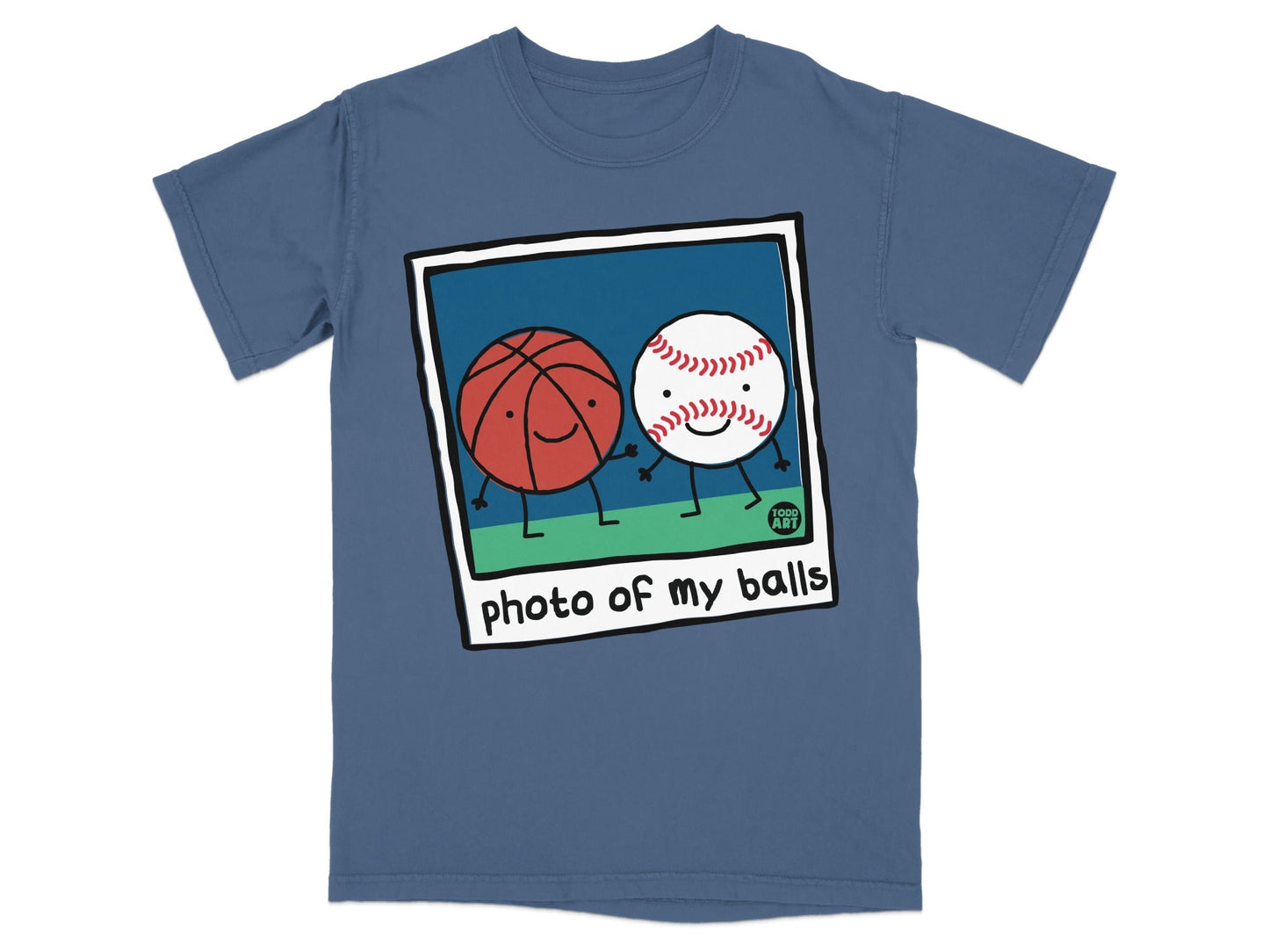 T-shirt with cartoon basketball and baseball hugging, text "photo of my balls".