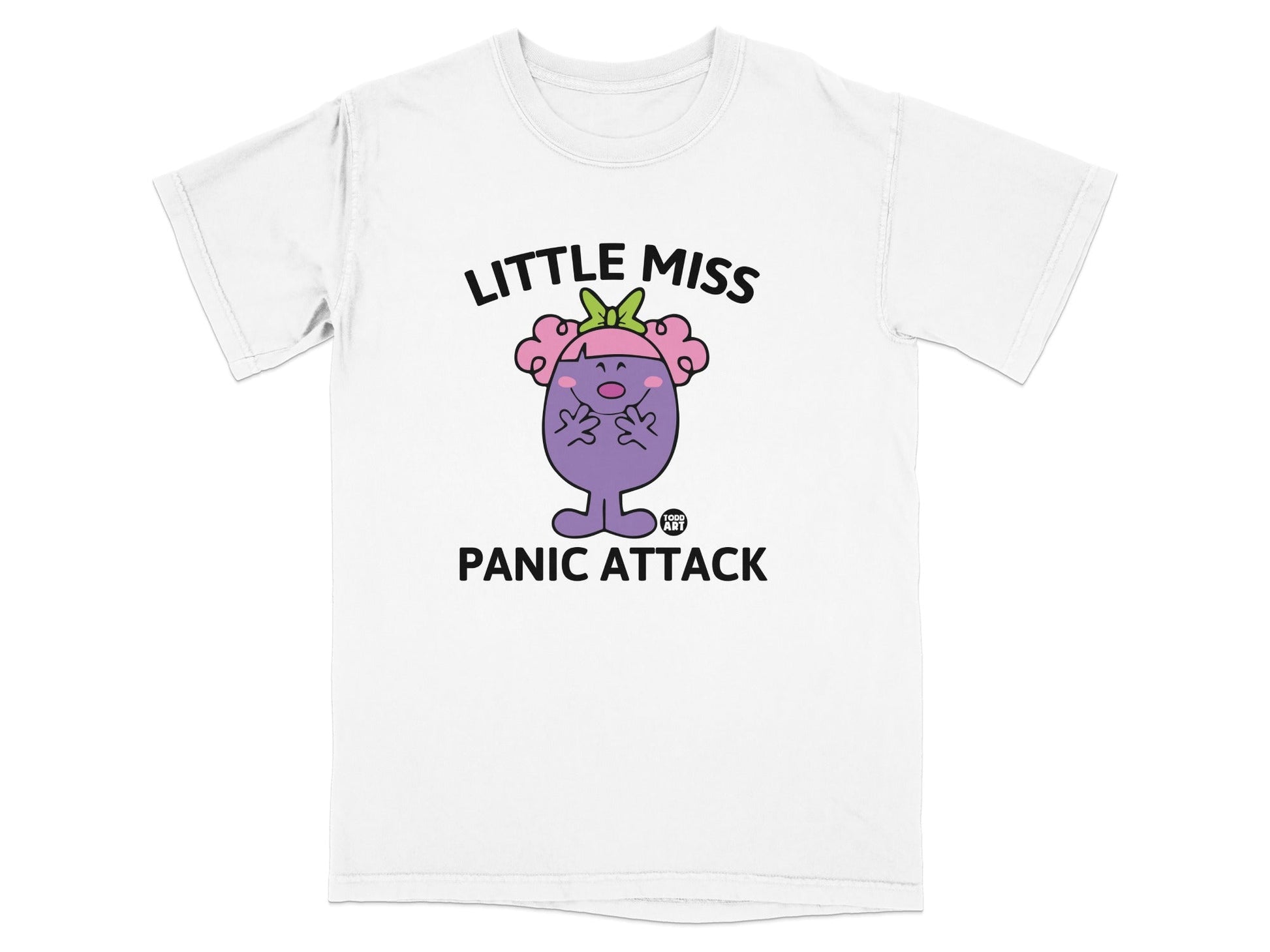 White t-shirt with "Little Miss Panic Attack" text and character graphic.