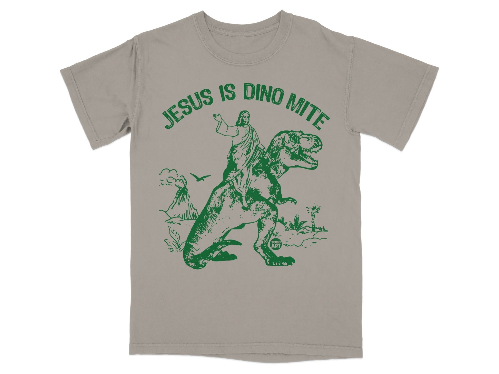 Jesus riding a Tyrannosaurus Rex with volcano and birds.
