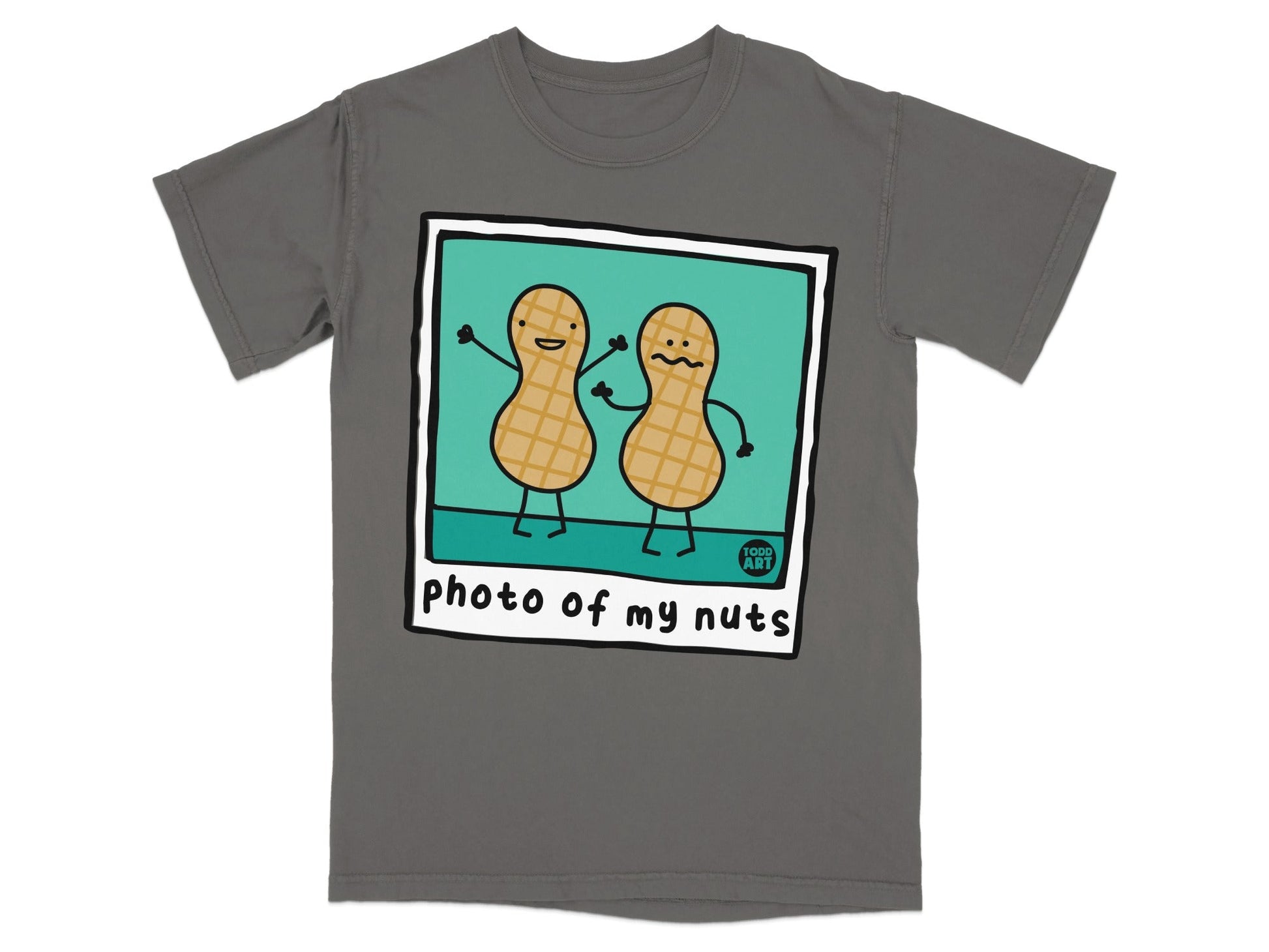 T-shirt with "photo of my nuts" text and cartoon peanuts.