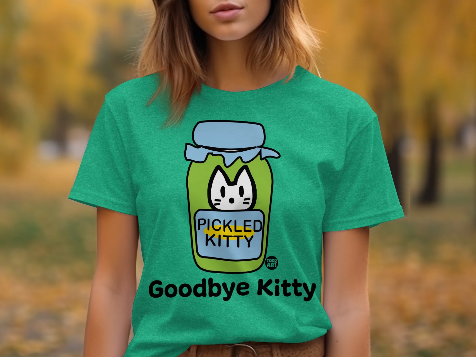 Green Goodbye Kitty Pickled Kitty Graphic T-Shirt