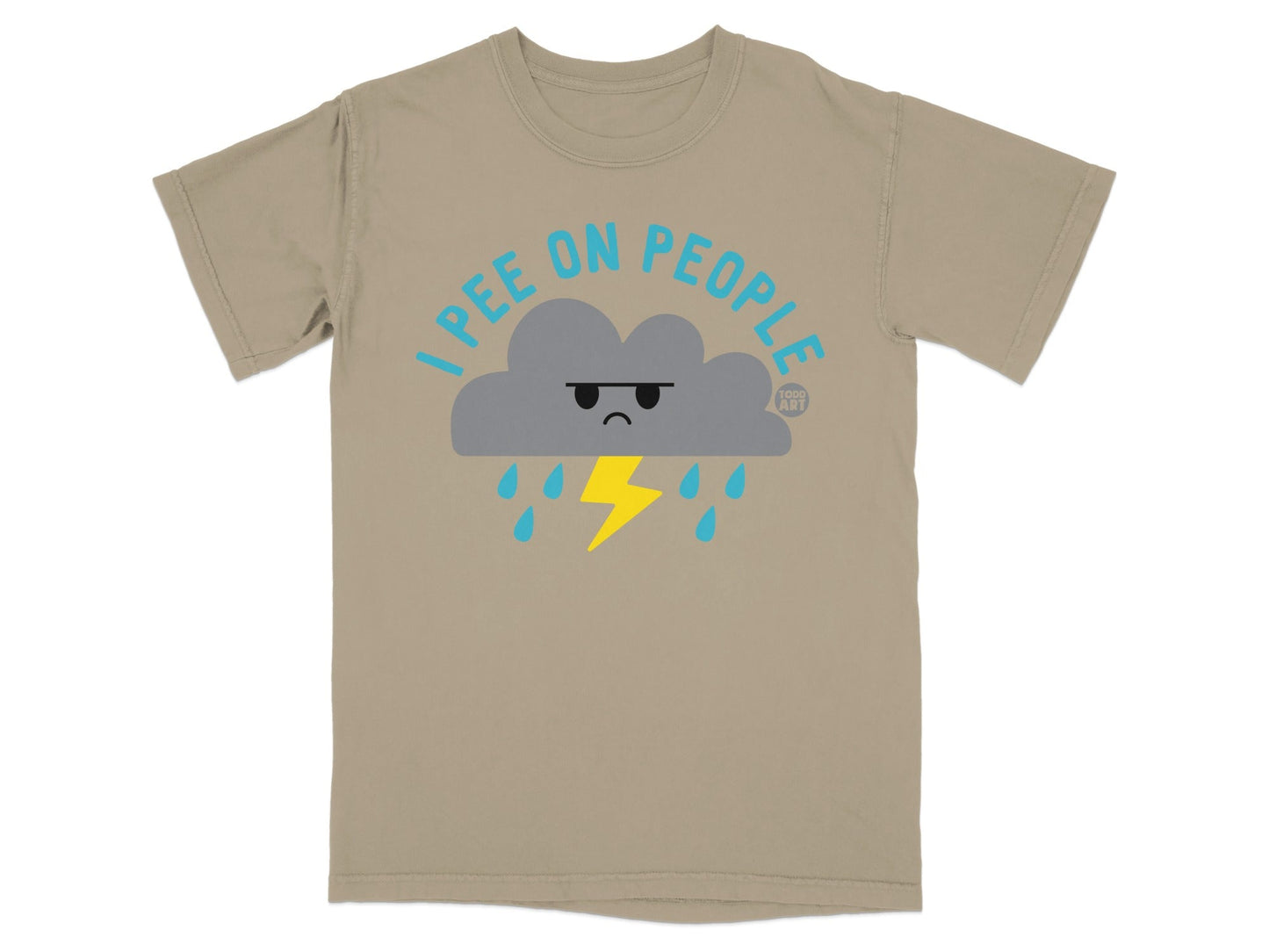 T-shirt with a grumpy cloud graphic and text "I pee on people".