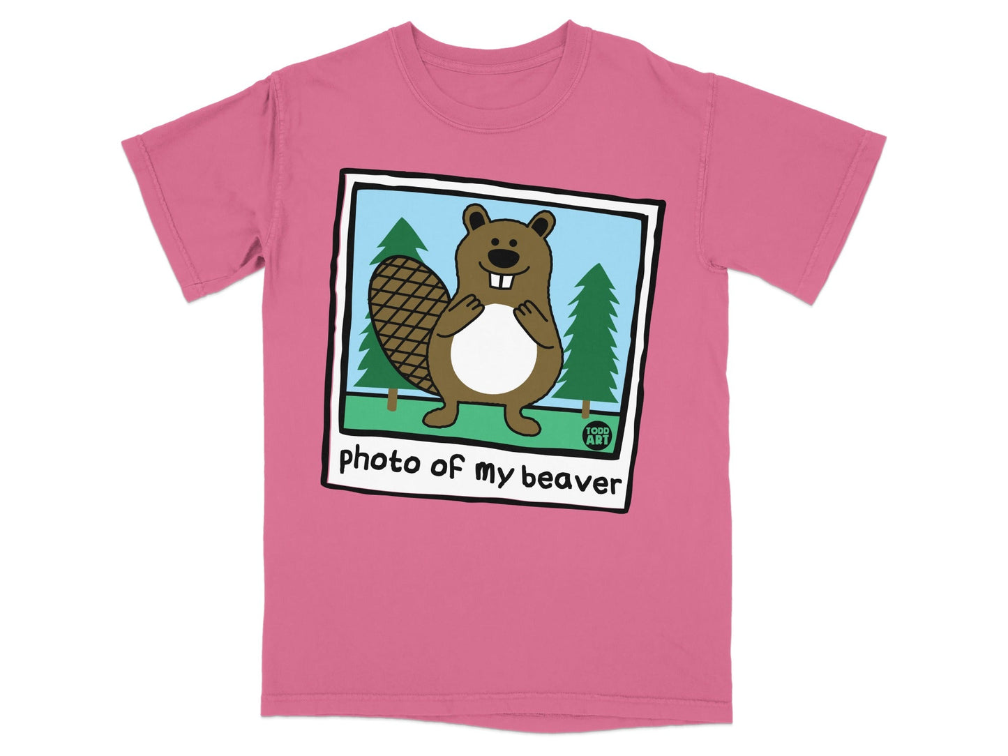 Pink t-shirt with cartoon beaver, trees, and "photo of my beaver" text.