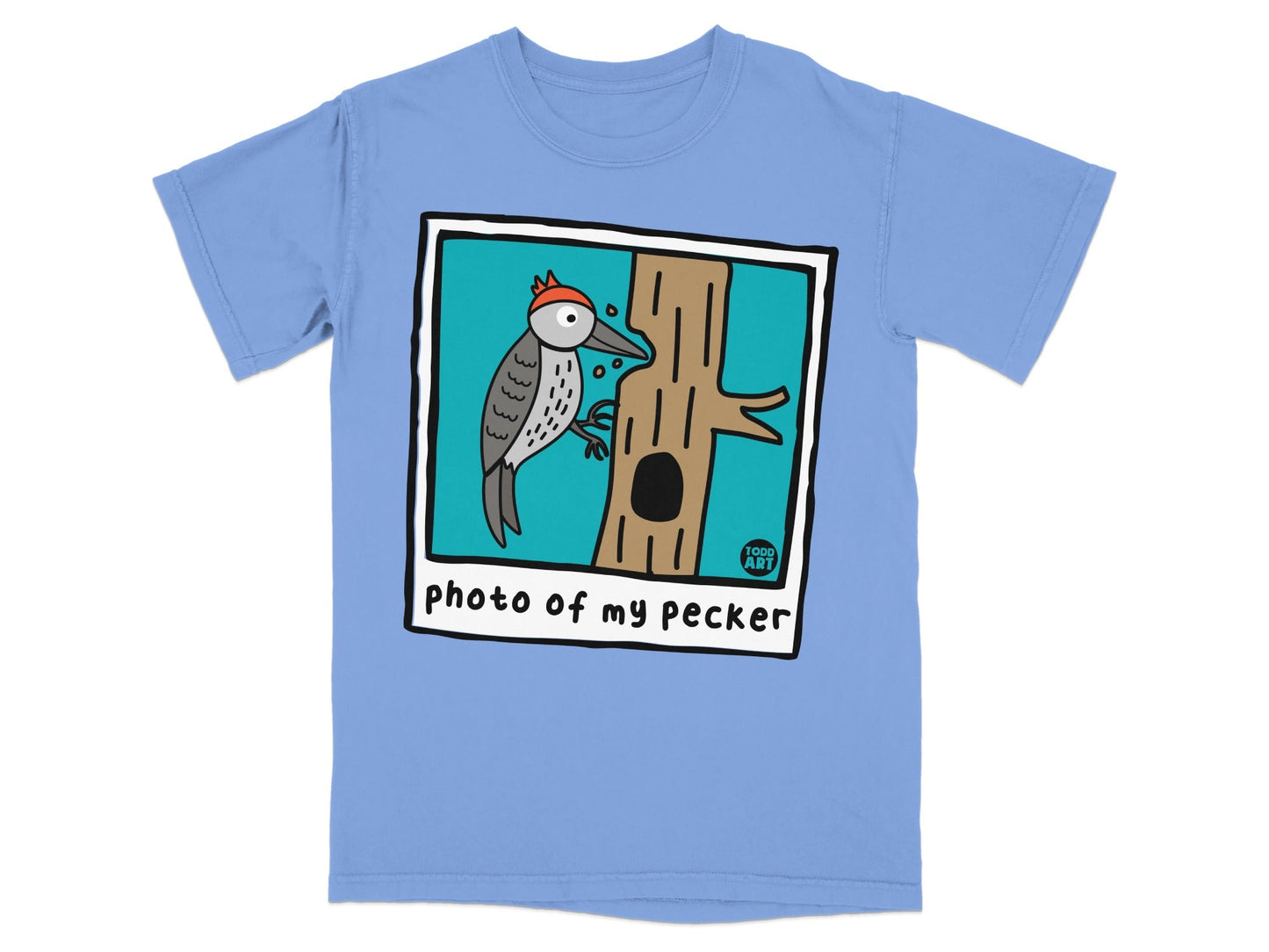 Blue t-shirt featuring a cartoon woodpecker on a tree, with text.