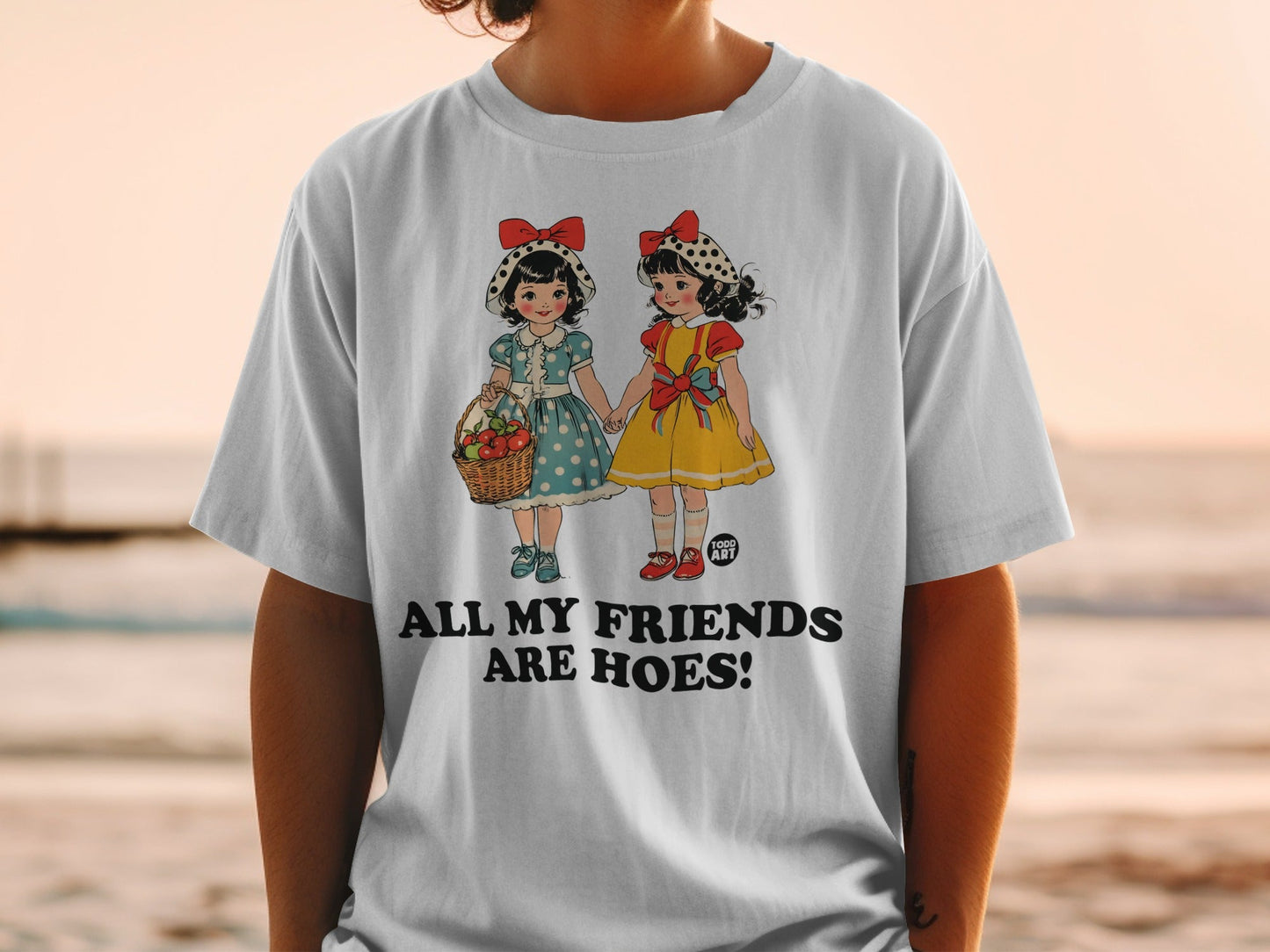 Two cartoon girls in vintage dresses holding hands and a basket of flowers.