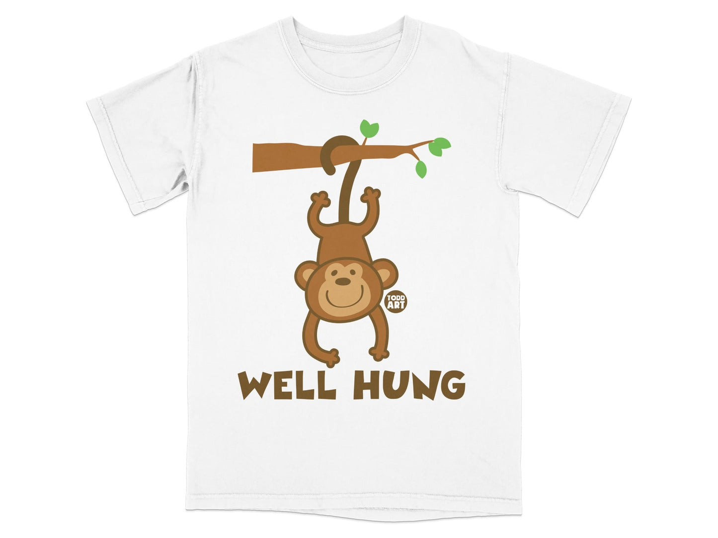 T-shirt with cartoon monkey hanging from a branch, text "WELL HUNG".