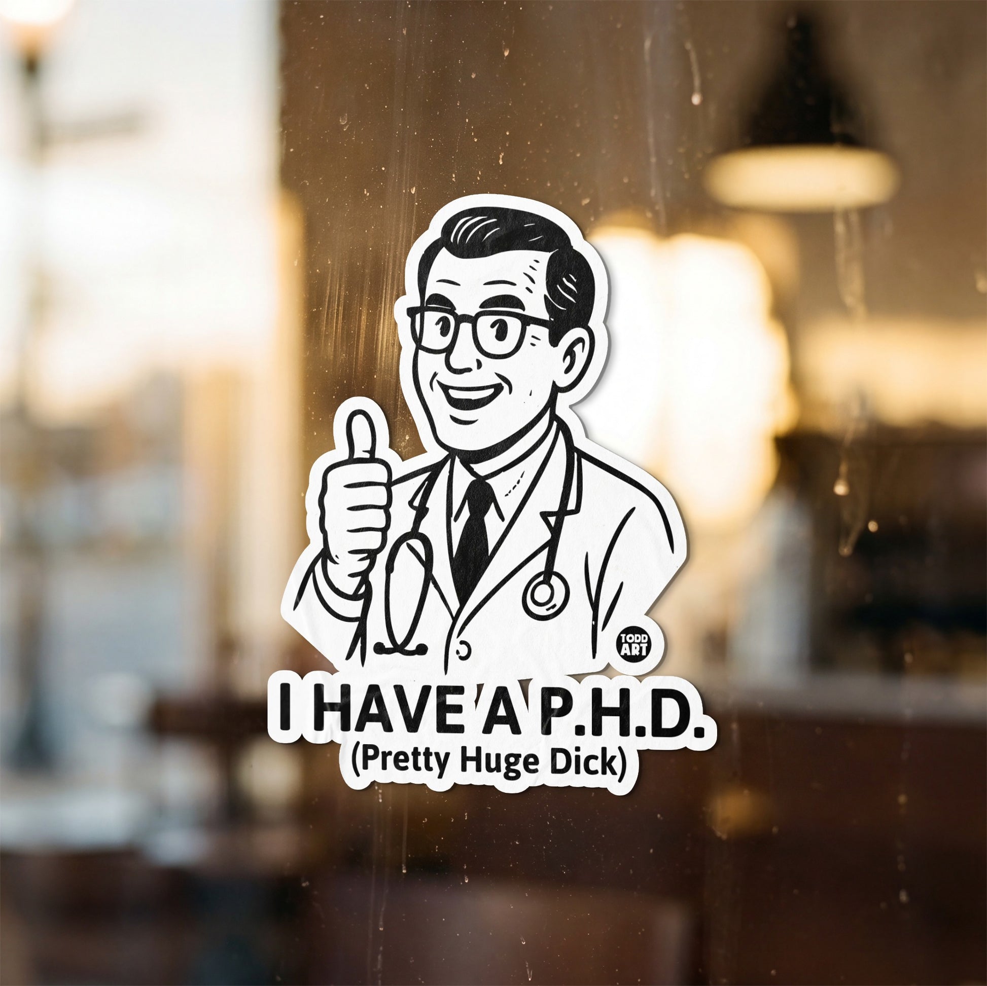 Sticker with doctor giving thumbs up and text "I HAVE 'A P.H.D. (Pretty Huge Dick)".