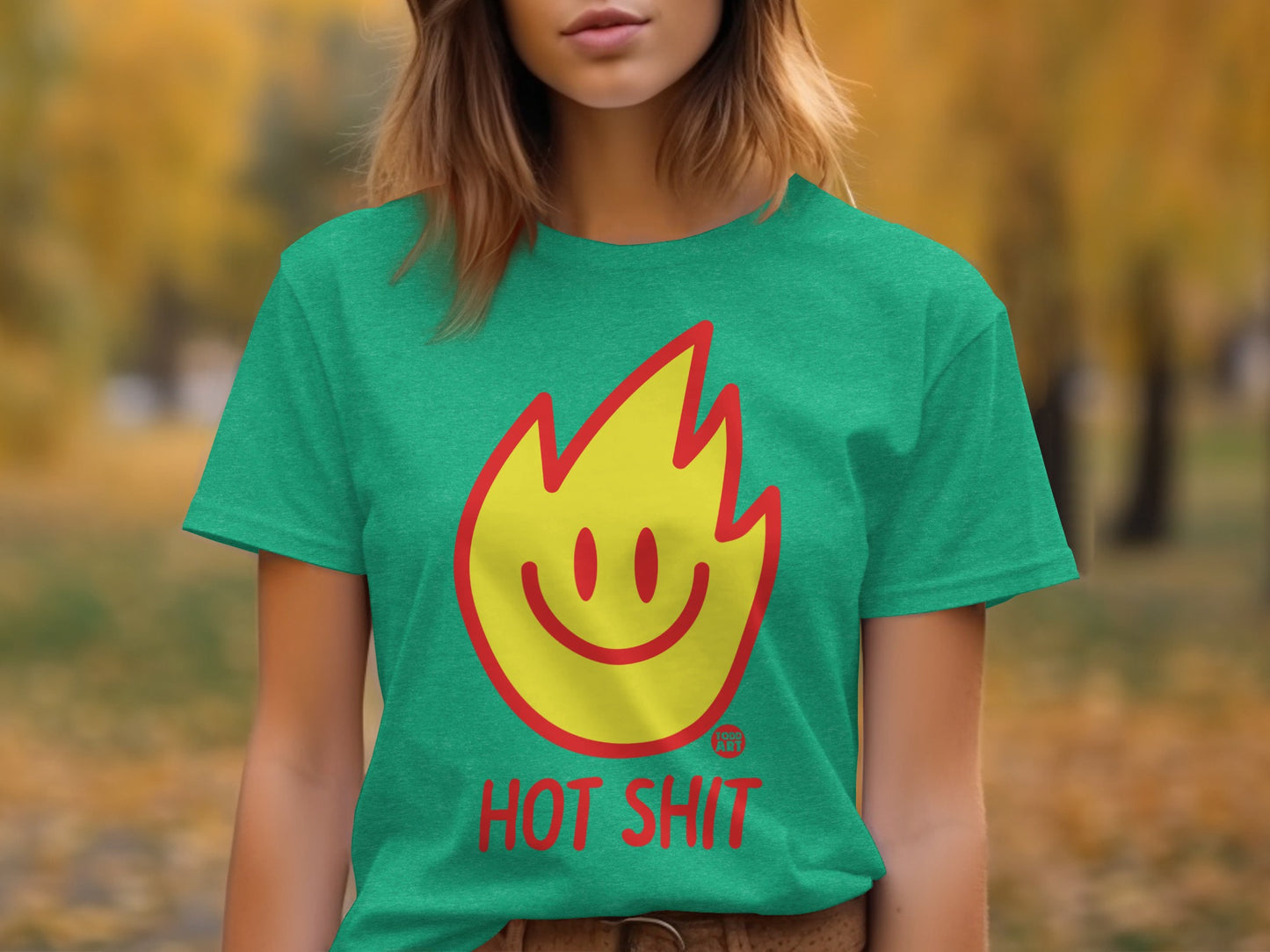 Green T-Shirt with Smiley Face and Hot Shit Text