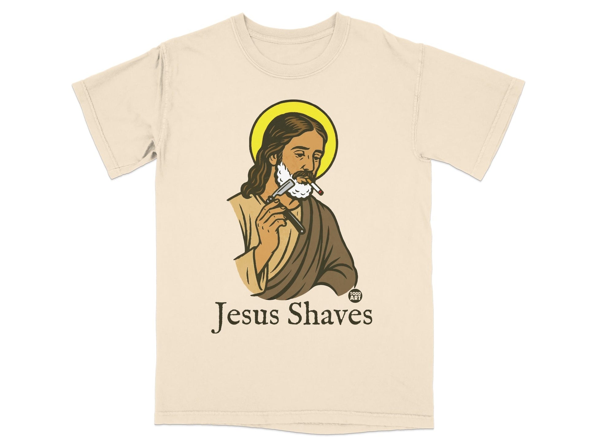 T-shirt with graphic of Jesus shaving with text "Jesus Shaves" and "BOGO ART".
