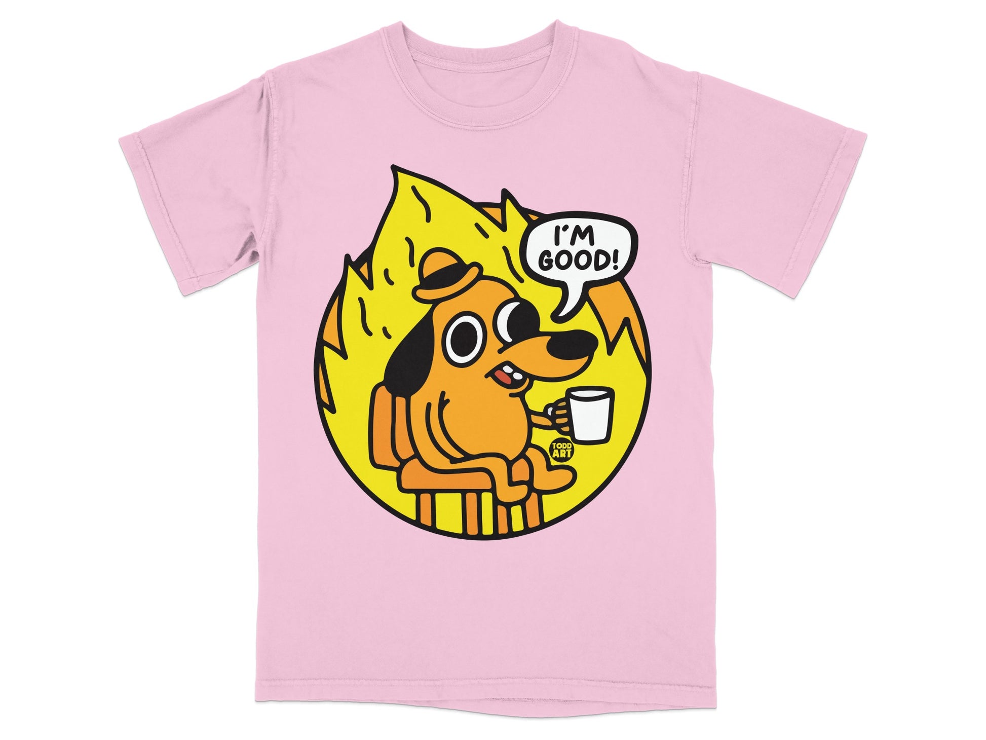 Cartoon Dog Pink T-Shirt with 'I'm Good' Speech Bubble