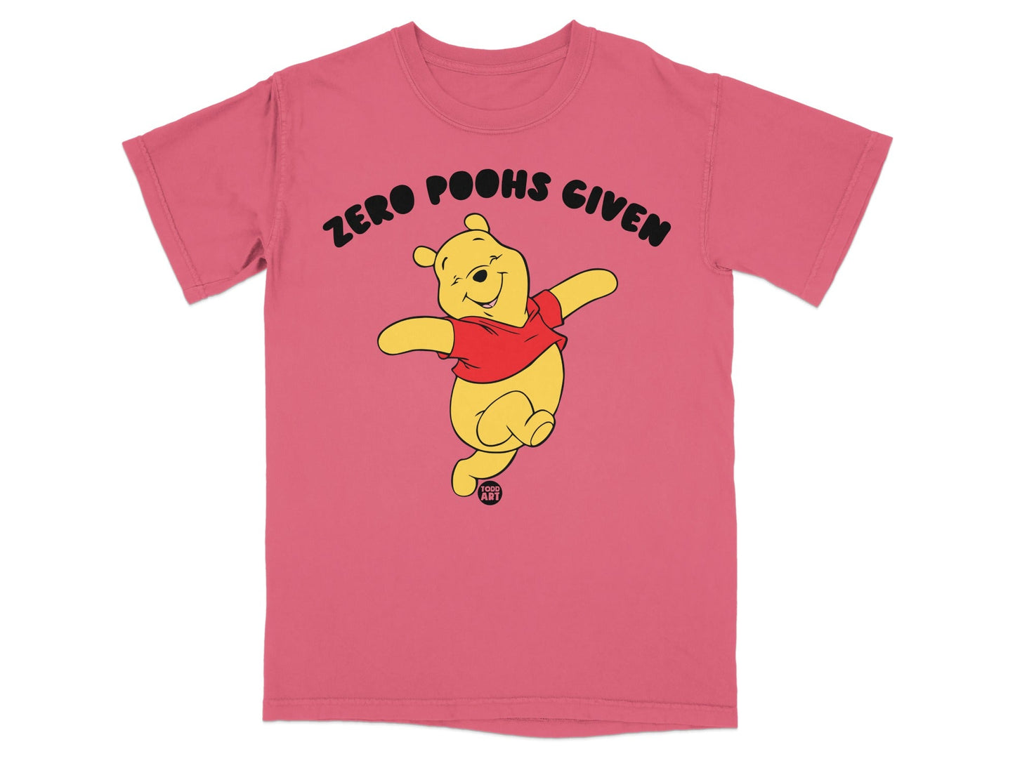 Winnie the Pooh in red shirt with "ZERO POOHS GIVEN" text.