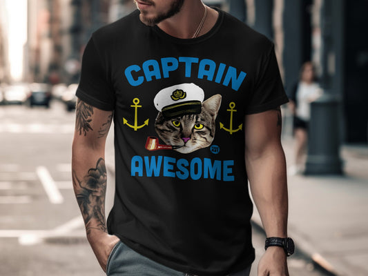 Captain Awesome Cat with Anchors Graphic T-Shirt