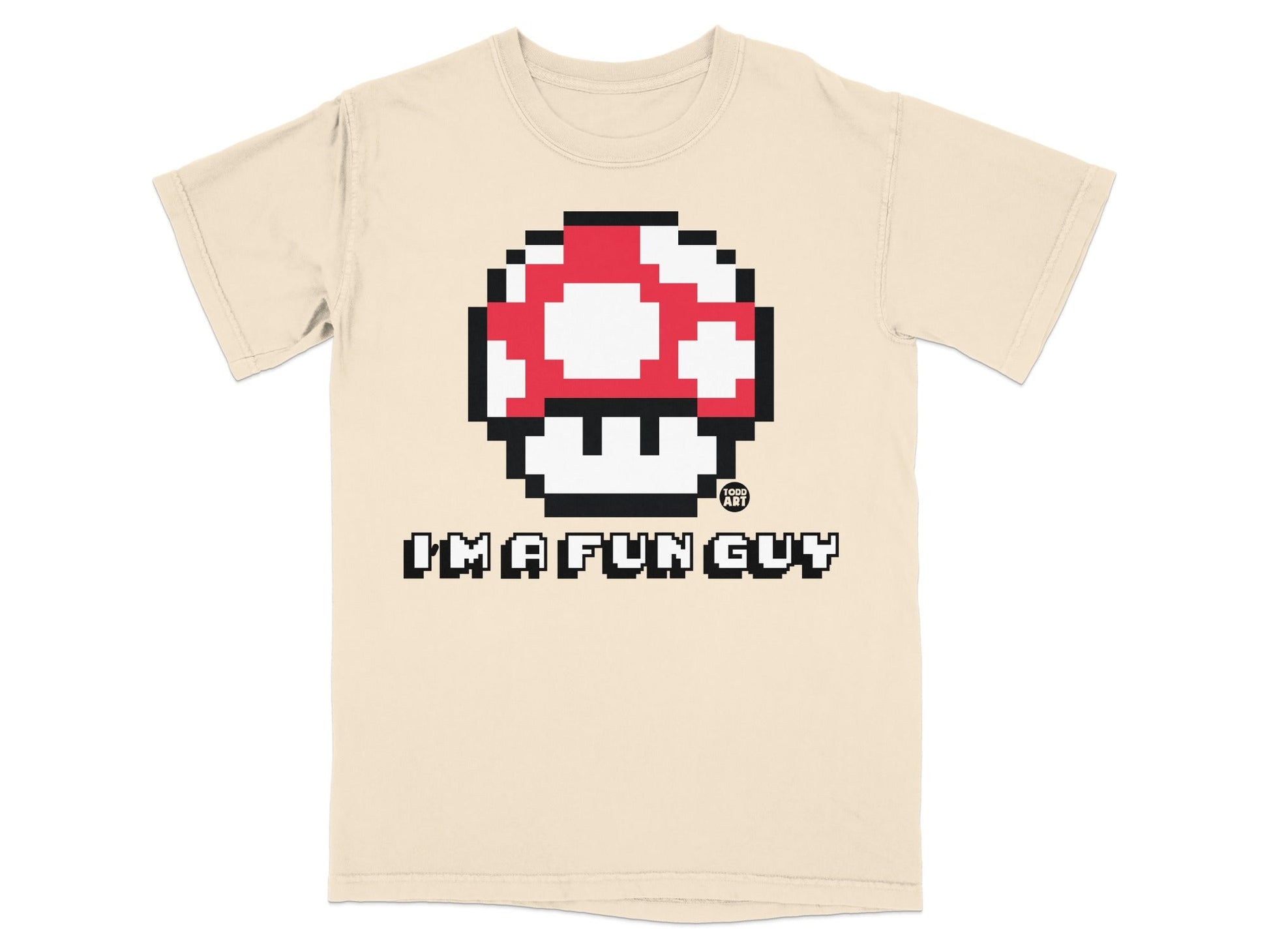 Pixelated Super Mario mushroom graphic with text "I'M A FUN GUY" on a beige t-shirt.