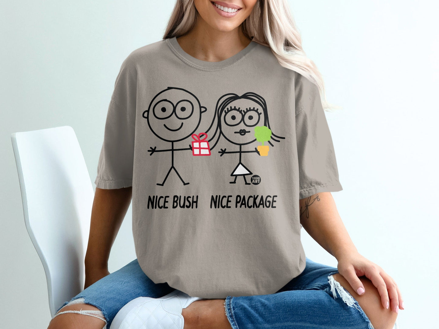 Two stick figures, one with a gift, the other with ice cream, on a t-shirt.