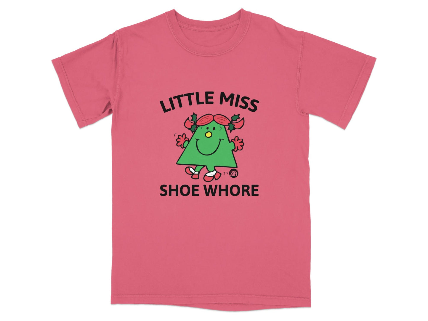 Christmas tree character with "Little Miss Shoe Whore" text.
