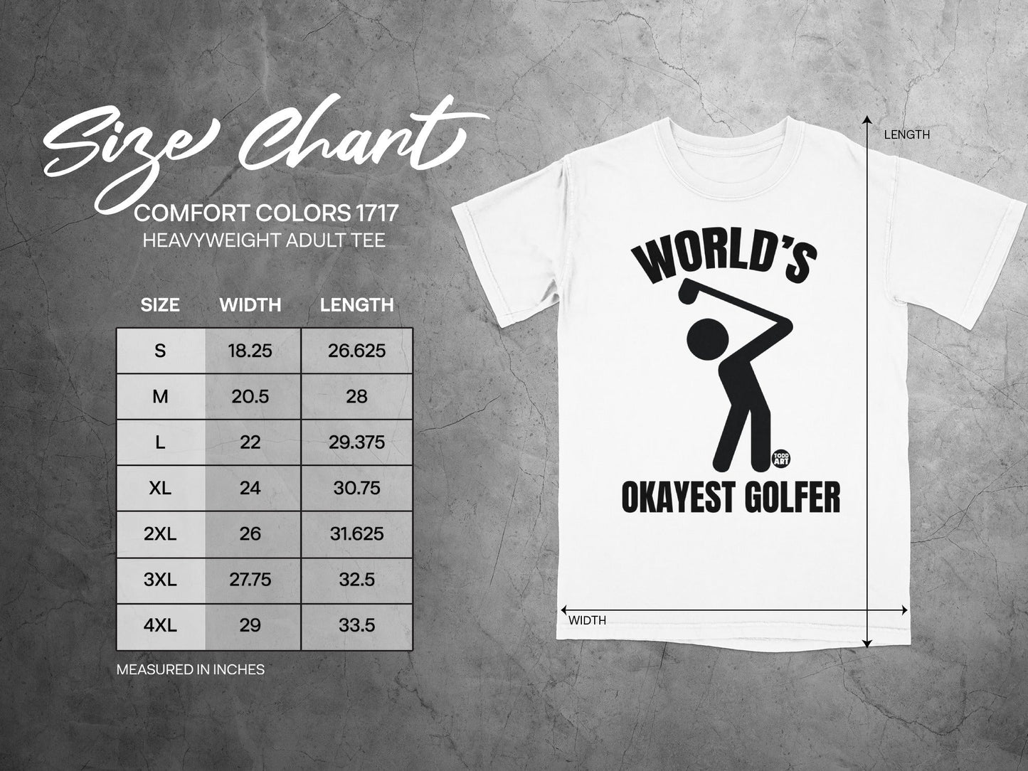 T-shirt size chart for World's Okayest Golfer heavyweight adult tee.