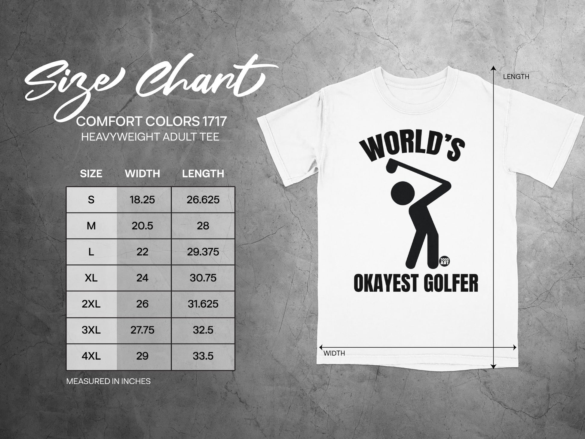 T-shirt size chart for World's Okayest Golfer heavyweight adult tee.