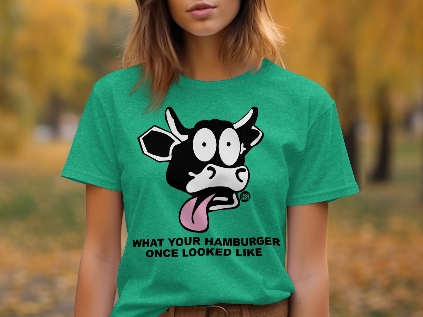 Funny Cow Illustration Green Short Sleeve Shirt