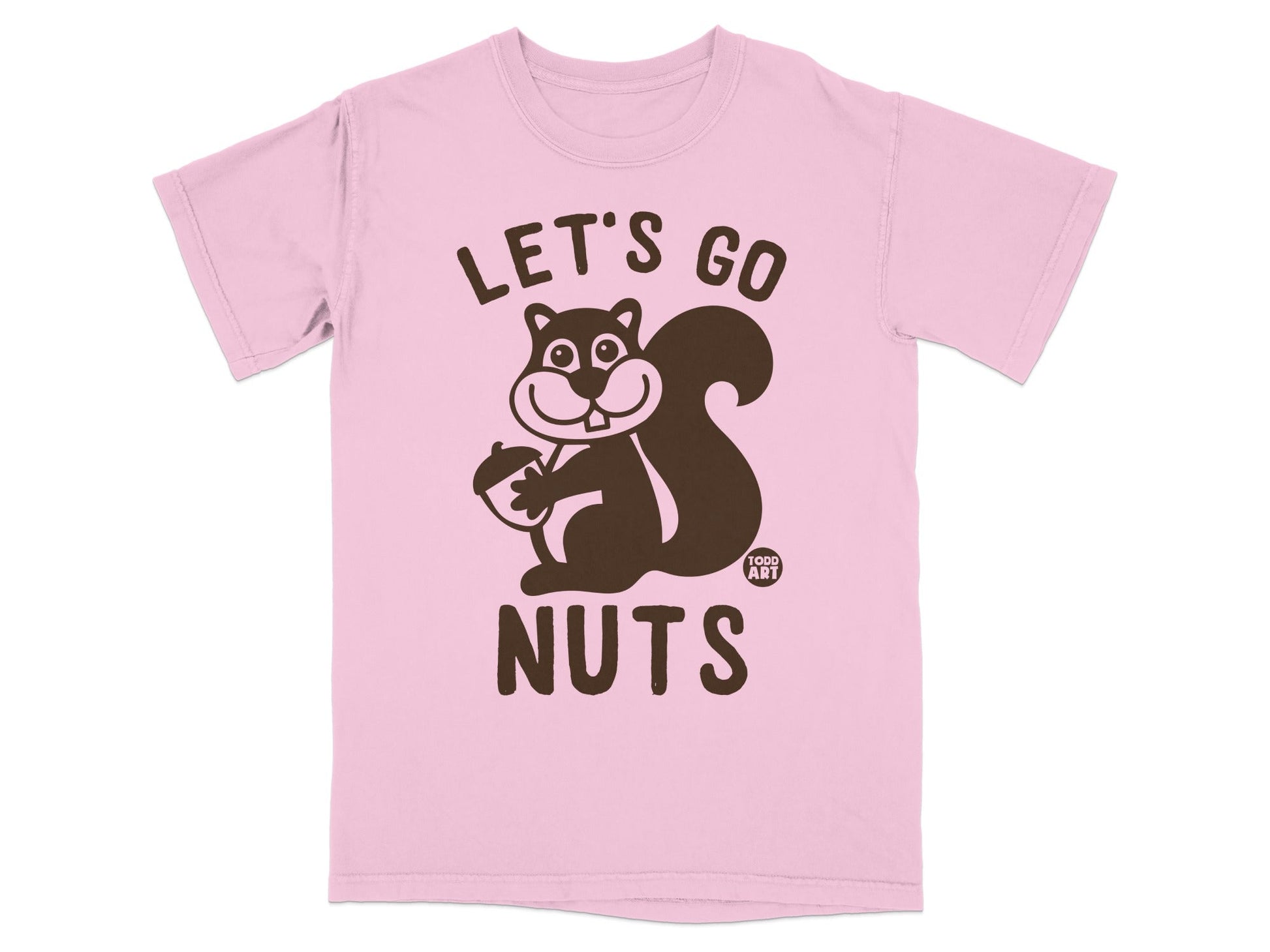 Pink t-shirt with "LET'S GO NUTS" text and a cartoon squirrel holding an acorn.