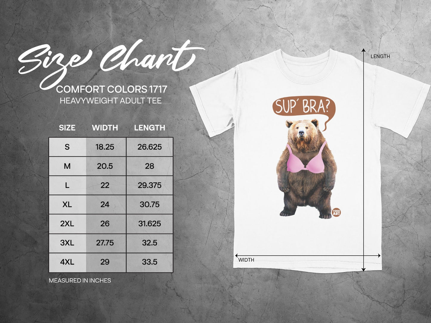 Sup' Bra Bear Graphic Tee with Size Chart