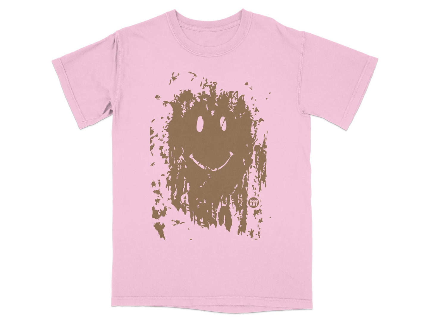 Pink t-shirt with a distressed brown smiley face graphic.