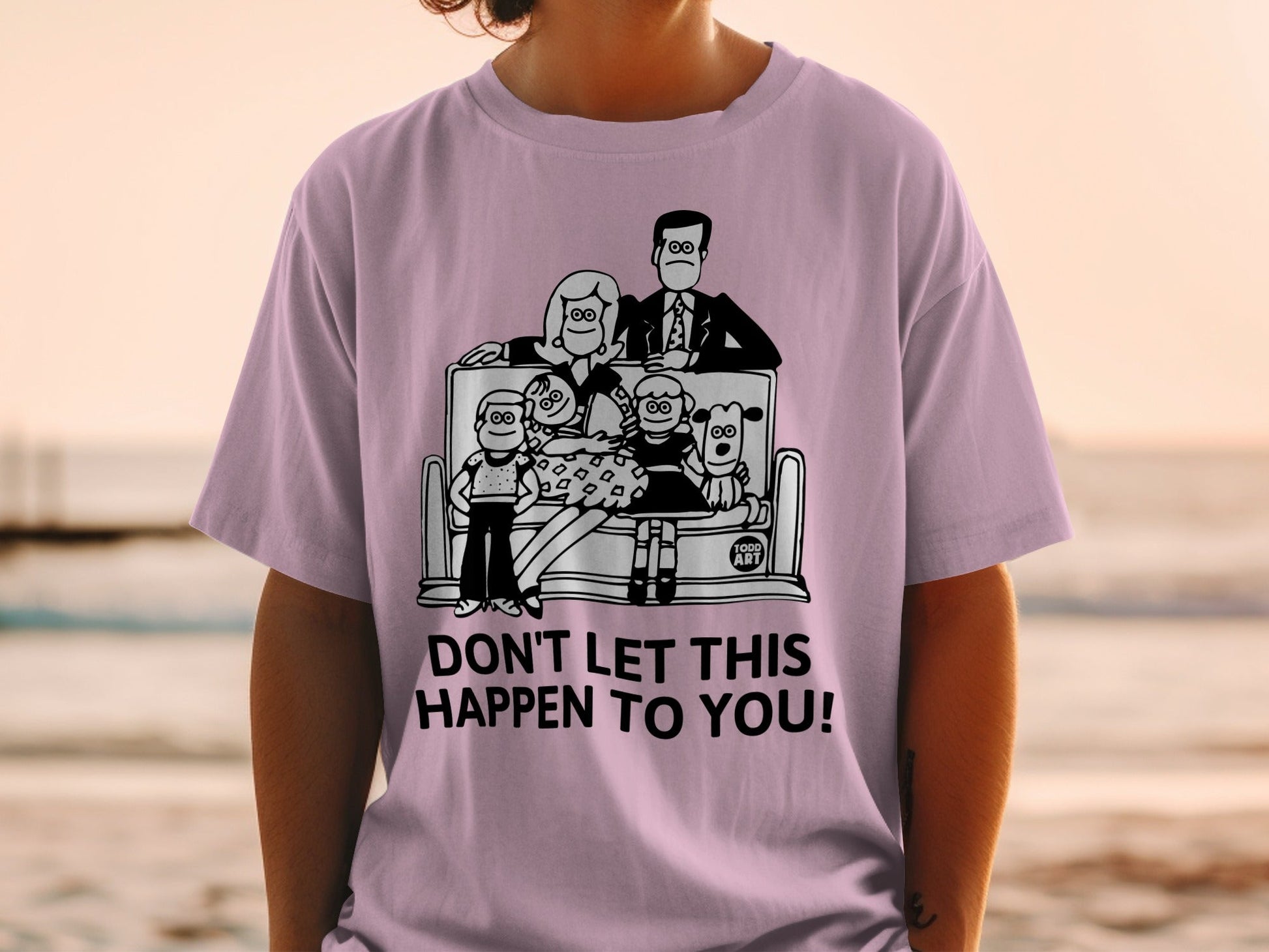 Black and white illustration of a dysfunctional family on a bench, with text: DON'T LET THIS HAPPEN TO YOU!